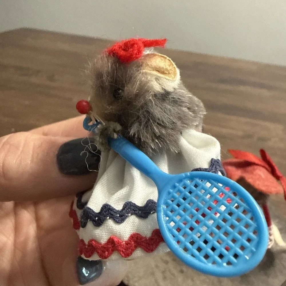 Vintage W Germany Original Fur Toy Mice Lot Tennis Racket & Southern Belle Mouse